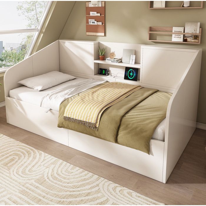Lit enfant 90 × 190 cm blanc avec rangement hydraulique et station de charge