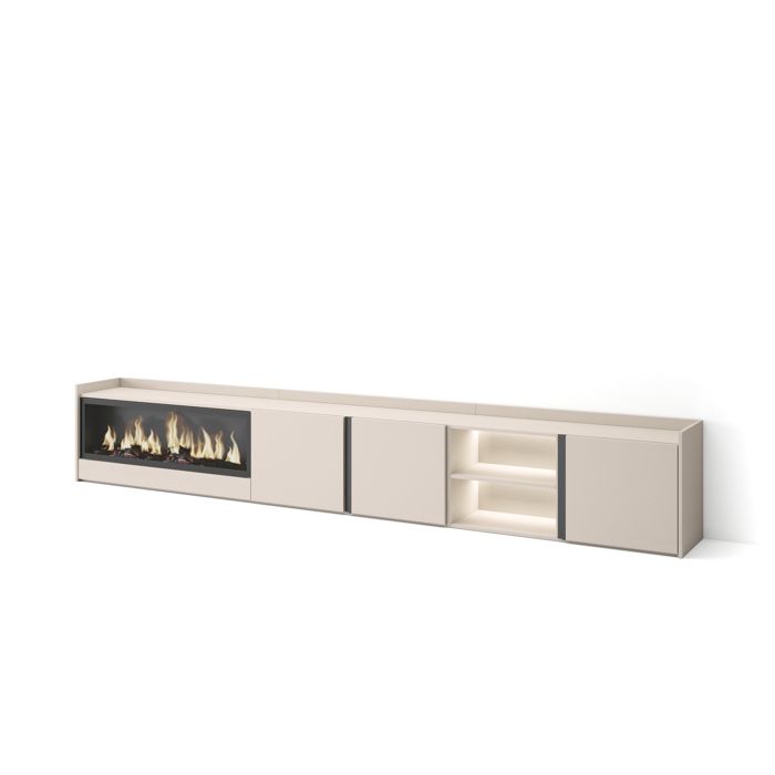Meuble TV - Avec cheminée électrique XXL à gauche - 315x35x50cm - Pour les TV jusquà 80 - LED - Beige - RF4779