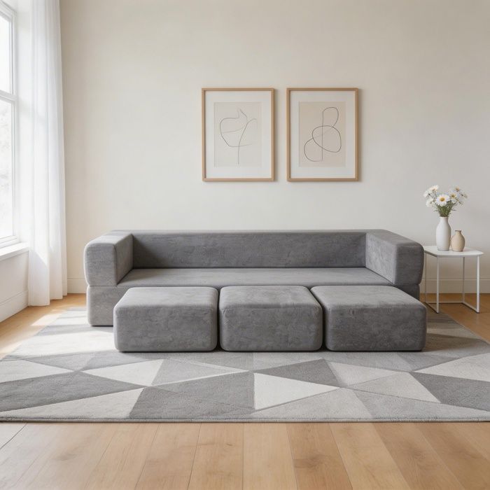Canapé-lit convertible - PAGE LIVING - Modulaire - 3 places - Chenille gris - Mousse haute densité