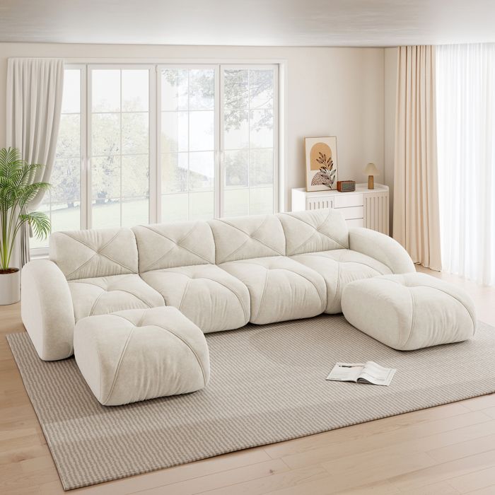Canapé dangle modulable en U 4 places Canapé panoramique effet nuage avec 2 poufs assise profonde pour salon - chenille - blanc