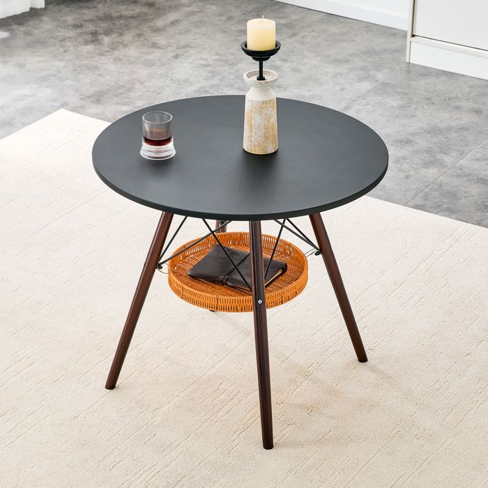BELLEMAVE Table à Manger Ronde - Pieds en Bois Massif -avec Étagère Flottante Tressée -Table de Cuisine -80x80x71 5cm -Noir et Noyer