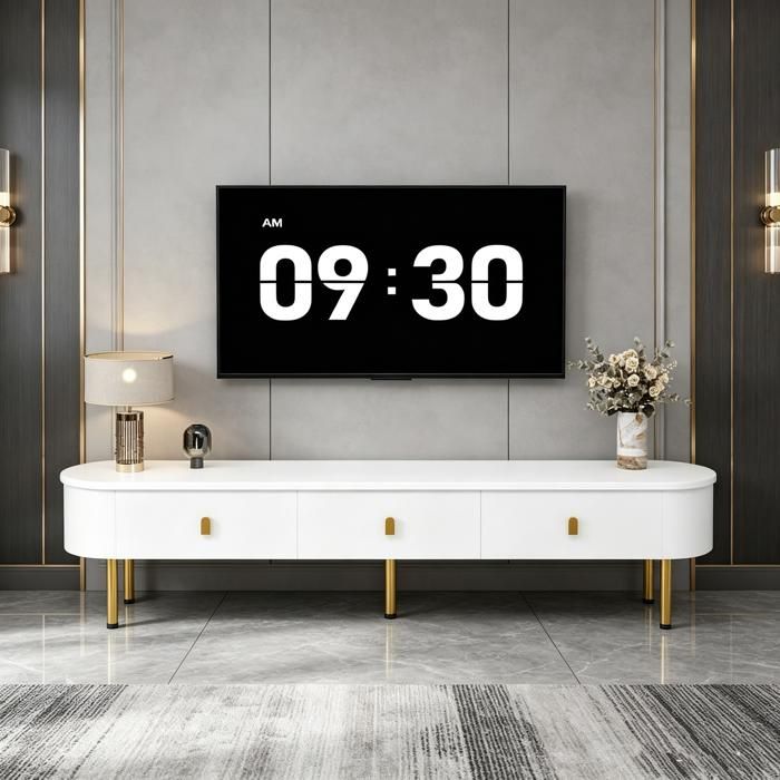 Meuble TV Bas 174 cm avec Tiroirs Poignées et Pieds Dorés Meuble Télé de Salon 174 x35x41cm Blanc et Or