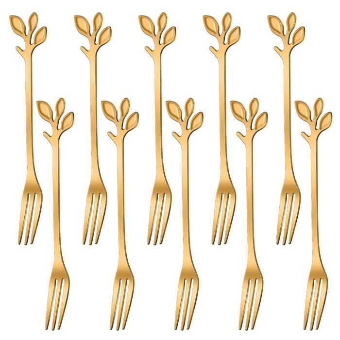 Mini-fourchettes à dessert - GRANDSALEY - En forme de feuille - Dorées - Inox - 12 cm (lot de 10)