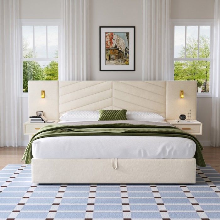 Cadre de lit double velours beige-blanc 266x205x117cm inclinable 2 chevets lampes LED montage facile sans matelas Cadre de lit double velours beige-blanc 266x205x117cm inclinable 2 chevets lampes LED montage facile sans matelas