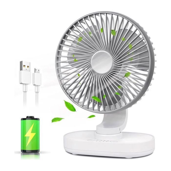 Ventilateur de bureau portable - Gris - 4000 mAh - Rechargeable par USB - 4 vitesses - Oscillation à 120°