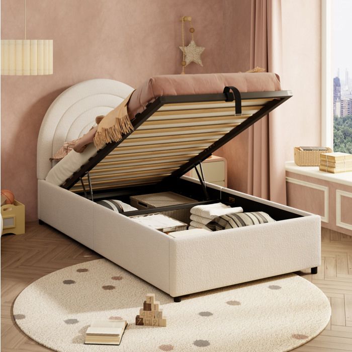 WOVREO Lit simple 90x200 cm avec coffre hydraulique tête de lit rembourrée bouclé beige sommier à lattes