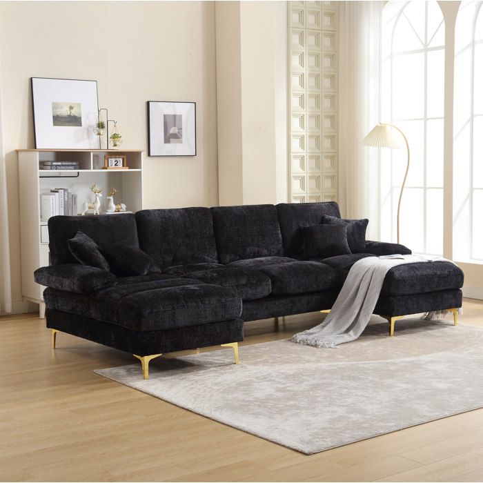 Canapé en U 4 Places Double Méridienne Pieds Métal 15 cm Chenille Noire 272 × 136 × 88 cm - UVRION