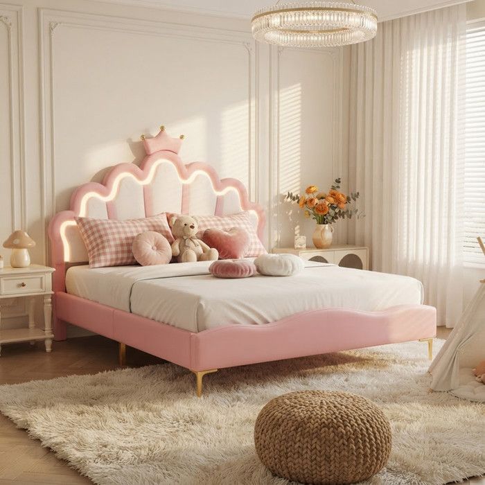 Lit Enfant Fille 140x200cm Lits Double avec LEDLit PrincesseSommier à Lattespour Fille AdolescentPURose