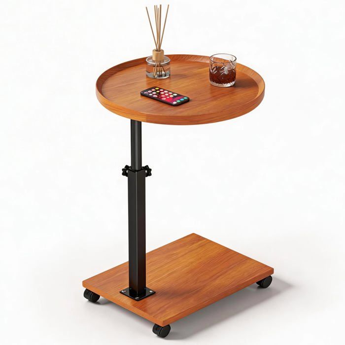 Table dappoint ronde à roulettes en C hauteur 45-80 cm barre rotative 360° canapé lit salon chambre aspect bois