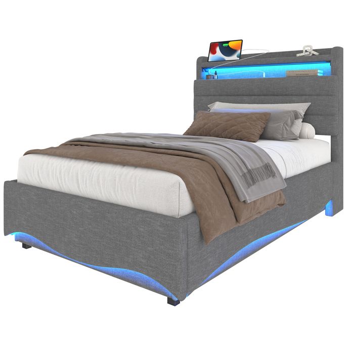 ELVORIN Lit coffre rembourré 90 x 200 cm sans matelas LED ports USB et Type-C rangement hydraulique gris