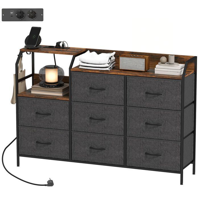 Commodes - HELLOSHOP26 - 130 5 x 30 x 88 cm - 8 tiroirs - station de recharge intégrée - cadre acier Commodes - HELLOSHOP26 - 130 5 x 30 x 88 cm - 8 tiroirs - station de recharge intégrée - cadre acier