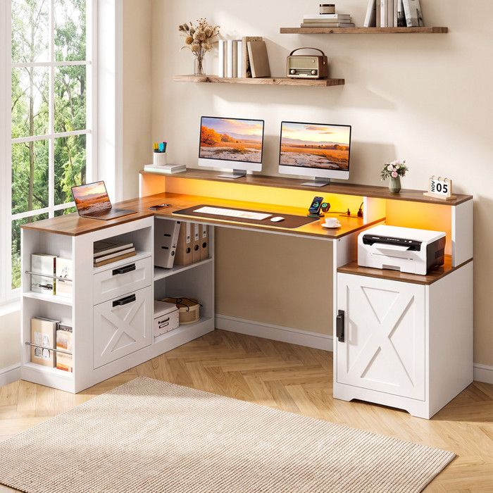 Bureau Angle avec Rangement - Bureau dordinateur - Grand Table Gaming avec Rangement - 4 Prise et 2 USB - RINUA - 158×88×75cm