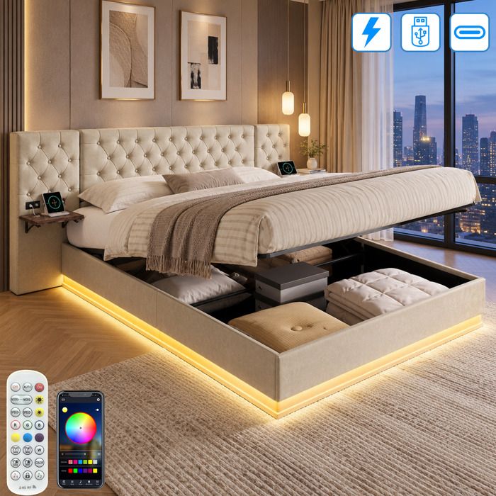 Lit coffre 160x200 cm avec tables de chevet - LED et USB Type C - Lit hydraulique rangement - Dossier larges - Sommier à lattes -Lin