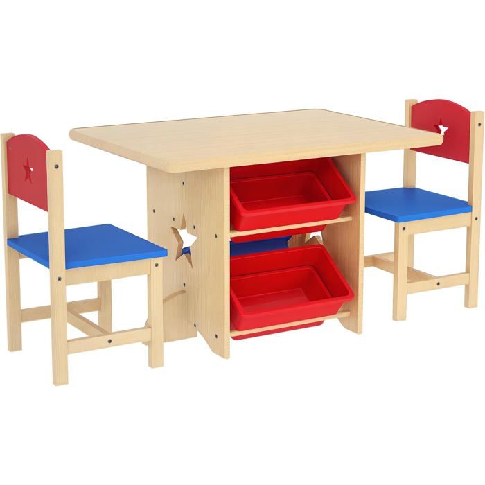 AIYAPLAY Ensemble table et 2 chaises enfant Bois naturel 4 bacs de rangement Motifs étoilés pour 3-7 ans AIYAPLAY Ensemble table et 2 chaises enfant Bois naturel 4 bacs de rangement Motifs étoilés pour 3-7 ans