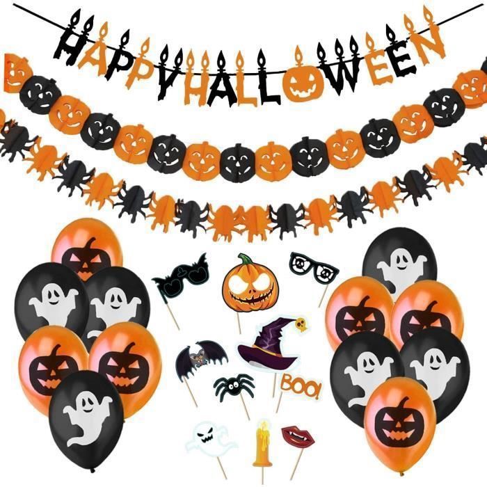 COEN Décorations De Fête D'Halloween: Bannière Avec Citrouilles Et Fantômes, Tourbillons