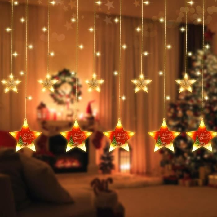 ELKTRY Rideau Lumineux 9 Étoile，144CM76LED Rideau Lumineux de Noël à Piles  Blanc Chaud，8 Modes Guirlande Lumineuse Extérieur Imperméable à l'eau