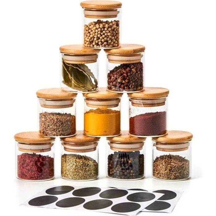 Lot De 10 Bocaux à épices Bocaux à épices En Verre Bocaux En Verre Hermetiques Avec Couvercle Ensemble De Boites De Rangement Pour Rangement De Cuisine Et Boite A The 250 Ml