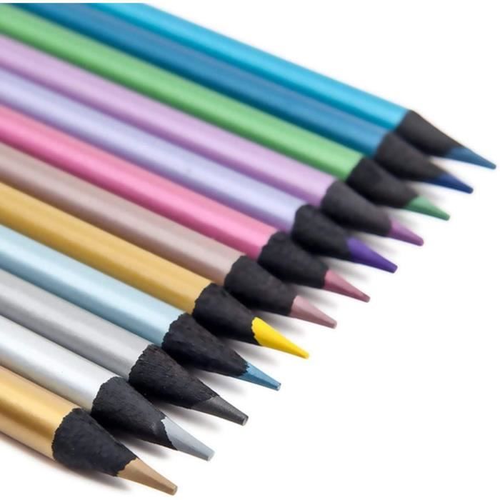 Lot De 12 Crayons De Couleur Métallisés - Effet Brillant Sur Papier Noir, Idéal Coloriage, Dessin, Cartes De Vœux