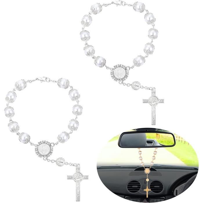 2 Chapelets De Voiture Perles Mauvais Œil - Croix Crucifix Médaille Amulette Décoration Catholique Rétroviseur