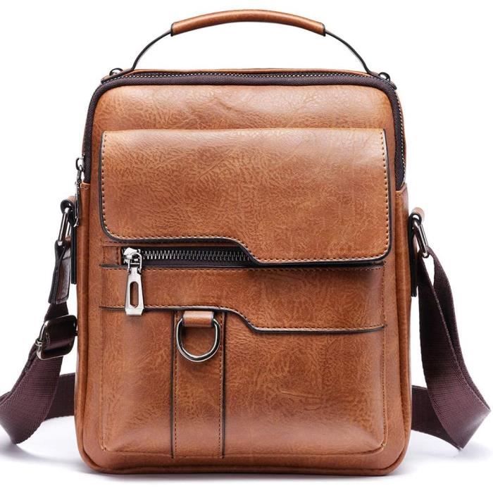 Sacoche Bandoulière Homme En Simili Cuir - Marron - Pour Voyage Travail - Taille Moyenne