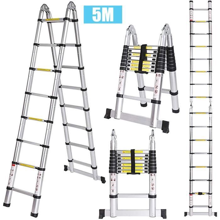 Échelle Télescopique 5m, Multifonction, Pliable en alliage d’Aluminium,  Échelle Double 2,5m + 2,5m, Charge Max 150kg