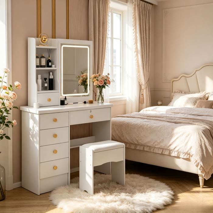Coiffeuse avec LED Miroir et Tabouret - Table de Maquillage - FLASIDU - 6 tiroirs - Miroir coulissant - 80*36*123cm - Blanc