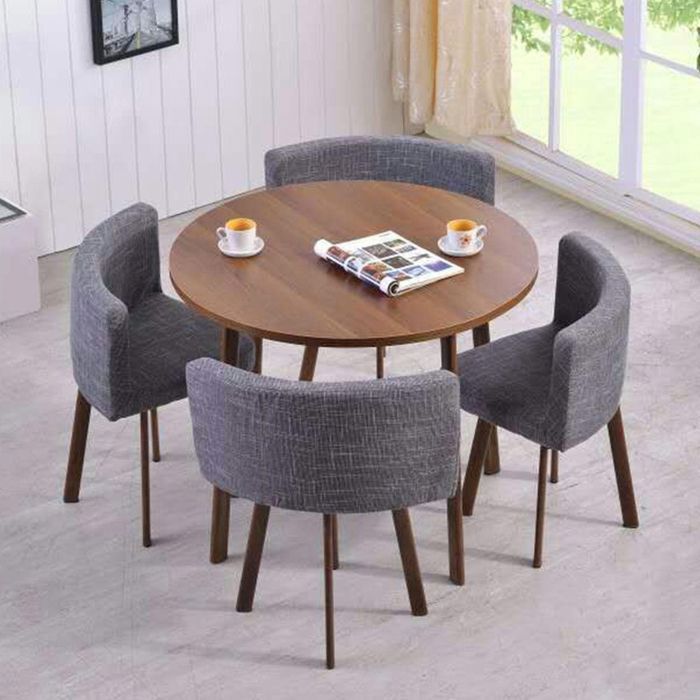 Table ronde et chaises Riga Chêne Foncé et Tissu Gris  Cdiscount Maison