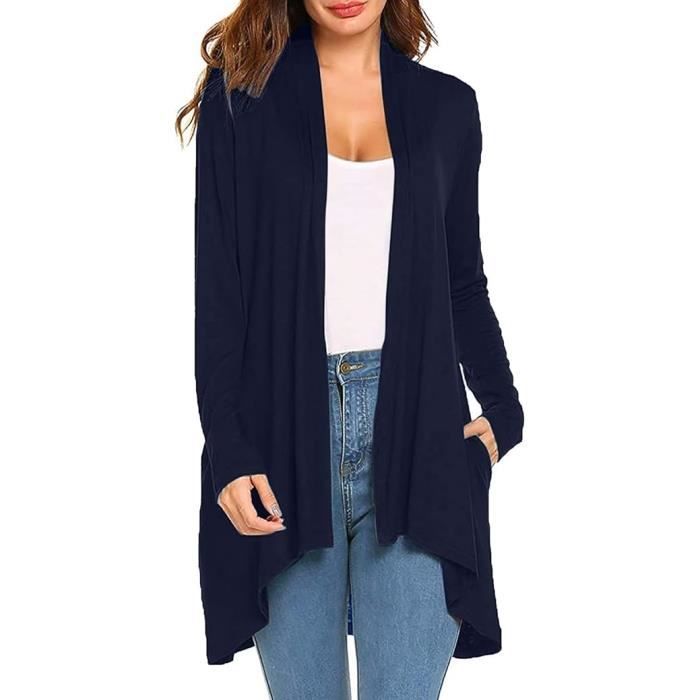 Veste fine pour femme Long manteau en tricot elegant a manches longues Cardigan decontracte Bleu