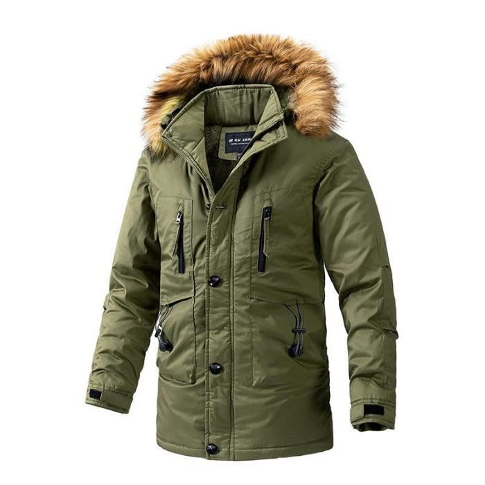 Parka Homme Capuche Fausse Fourrure Hiver Veste Chaude Mi Longue