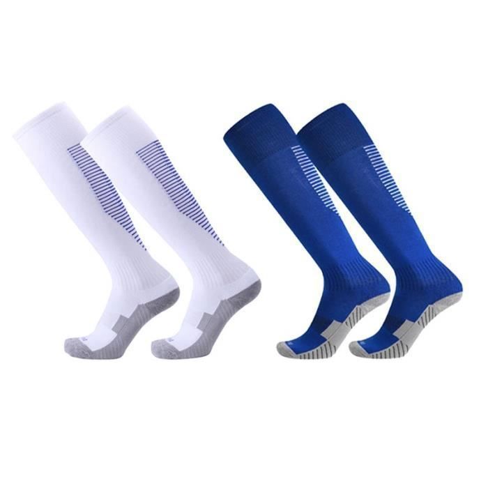 2 Paires Chaussettes de Football Enfant Chaussettes de Sport Protection Respirantes Antidérapant - Blanc Bleu