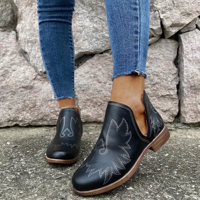 Mode femme decontractee sans lacet retro bottines courtes talons bas chaussures en cuir CCY201006078BK37 Noir Cdiscount Chaussures