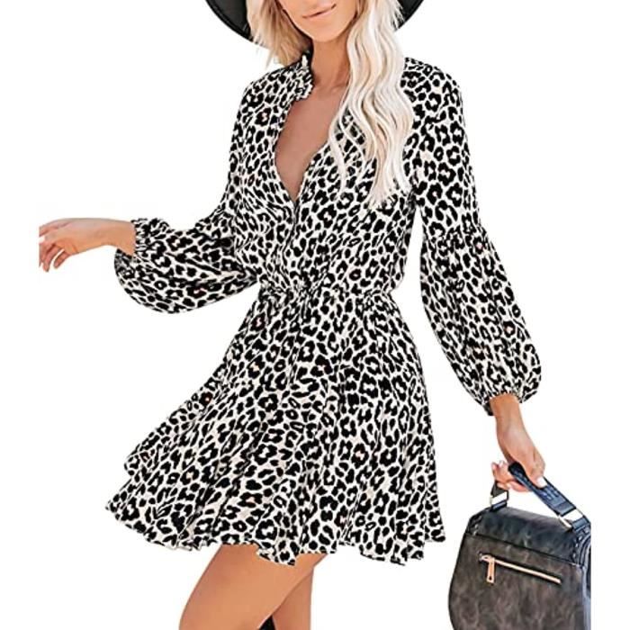 Robe Décontractée à Manches Longues Femme - Robe Suisse à Pois Col V Taille Haute Mini Robe Chic