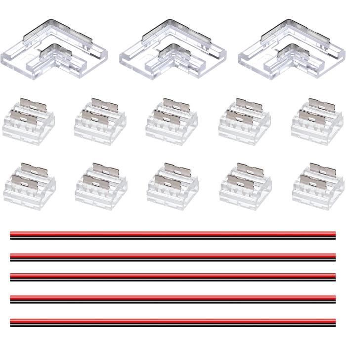 Connecteurs Pour Ruban LED COB 10mm 2 Broches - Kit 10 Pièces (8 En L, 2 Droits) - Raccord Sans Soudure, Sans Espace - 3