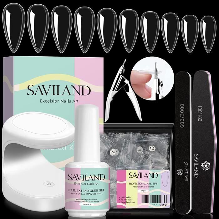 Saviland Nail Tips and Glue Gel Kit 4 en 1 Colle à ongles gel avec