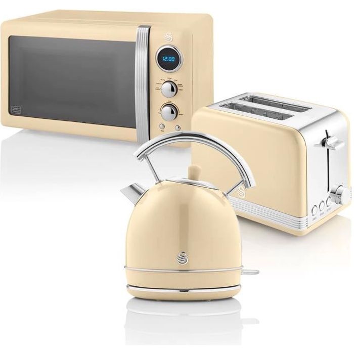 Retro Set Petit-Déjeuner Bouilloire 1,8L Grille-Pain 2 Tranches Micro-ondes 20L SWAN STRP2070CNEU Crème 57959