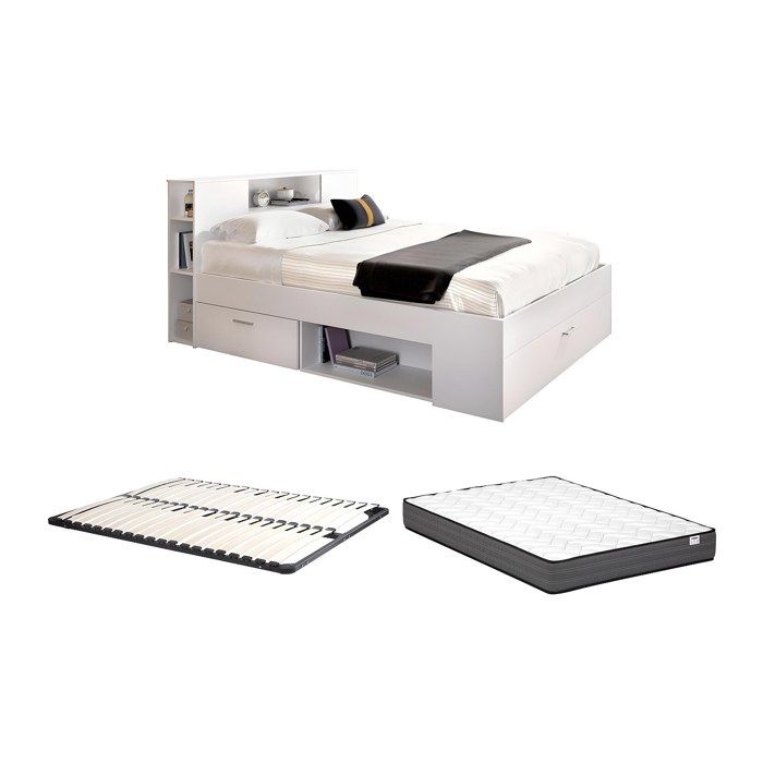 Lit avec tête de lit rangements et tiroirs - 160 x 200 cm - Coloris : Blanc + Sommier + Matelas - LEANDRE