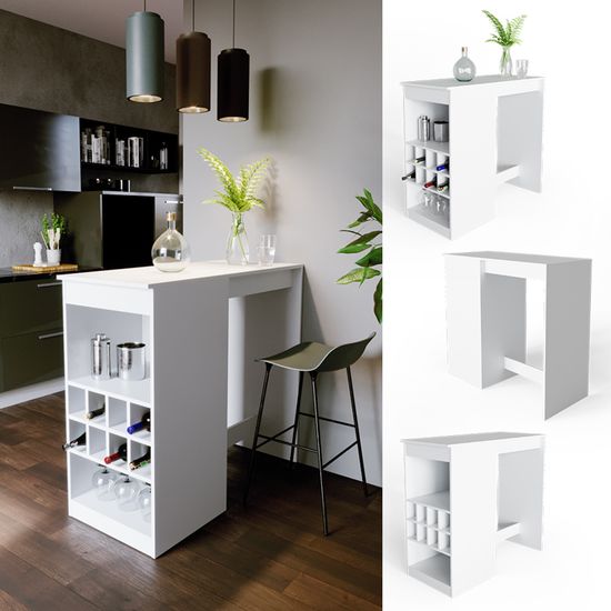 Table De Bar Vicco Blanche Avec étagère Et Compartiments - 117x57x106 Cm, Neuve