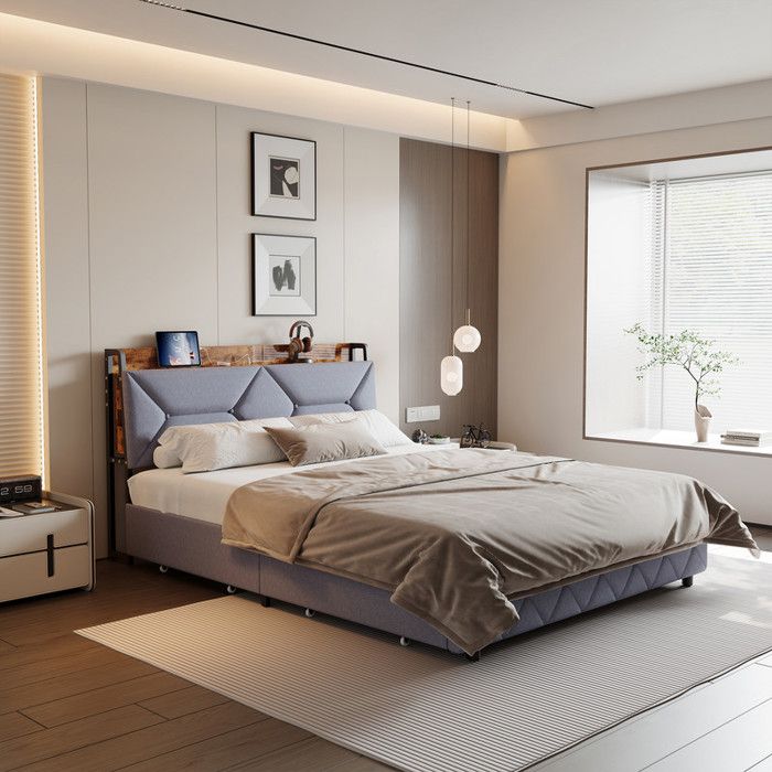 Rolanstar Lit 160x200 avec Sommier Métal, Cadre de Lit 2 Personnes avec Éclairage LED d'Ambiance, Ports USB & Type-C, Tête de Lit avec Rangement, Marron