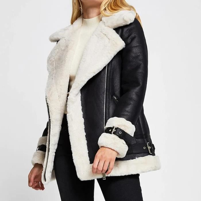 Tissu Manteau epais en Faux cuir souple pour femme veste en fourrure de mouton noir et blanc vetement d exterieur Black S A24 Cdiscount