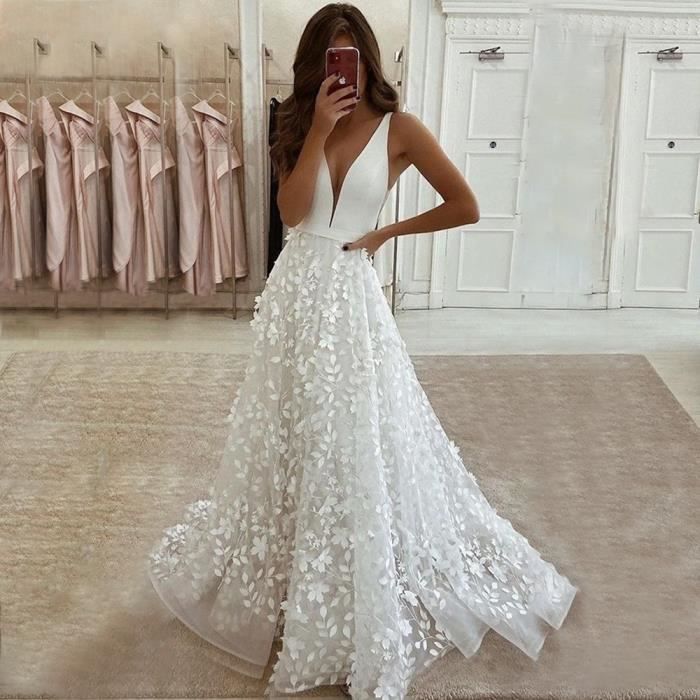 Robe De Mariee Trapeze En Satin Col En V Epaules Denudees Dos Nu Avec Appliques En Dentelle Style Boho blanc Blanc Cdiscount Pret a Porter