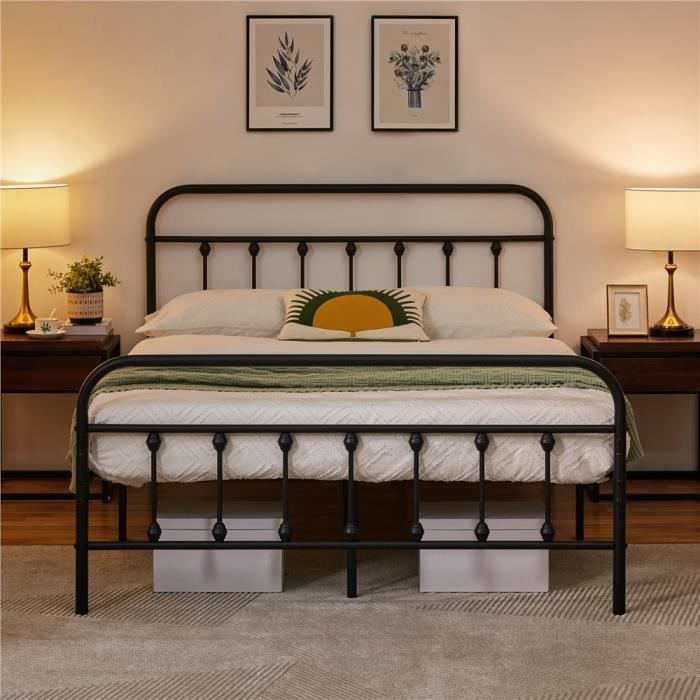 Lit Simple Double Métal Yaheetech 140x200cm Noir - Assemblage Facile Avec Rangement Sous Lit