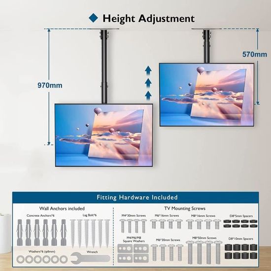 UNHO Support TV Plafond Inclinable pour LCD LED Plasma Écrans 2365