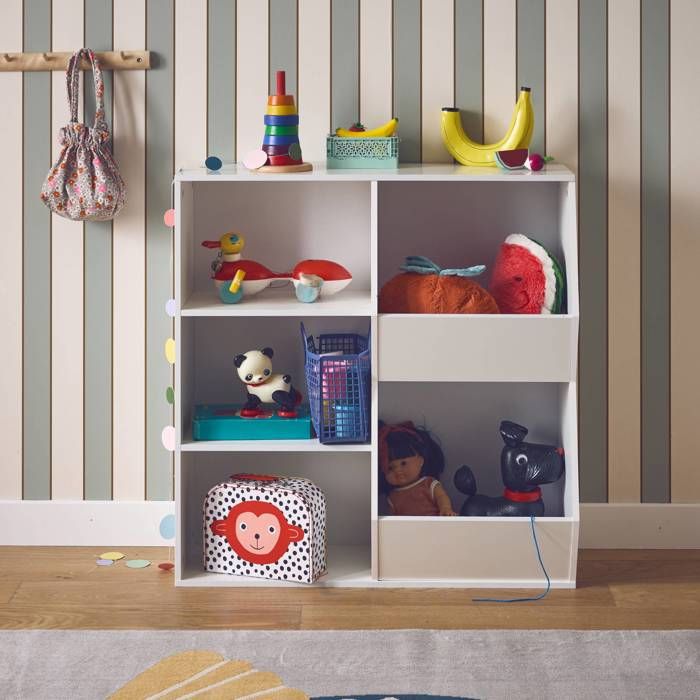 Meuble De Rangement Enfant Avec 7 Compartiments + 6 Paniers Velours - Gris Et Rose - Hauteur Enfant 70 Cm