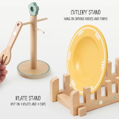 Accessoires de cuisine pour enfants - Vaisselle de cuisine pour enfants - Accessoires de cuisine en bois avec tasses - Assiettes colorées - Service à thé pour enfants - Jouet pour garçons