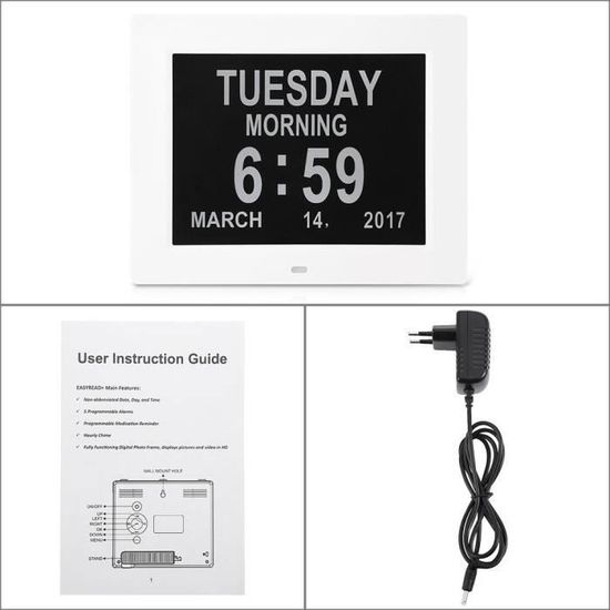 SINOIDEAS 8 Pouce LCD Horloge Nuérique Calendrier avec Date Jour Et Heure Non-Abrégée Auto