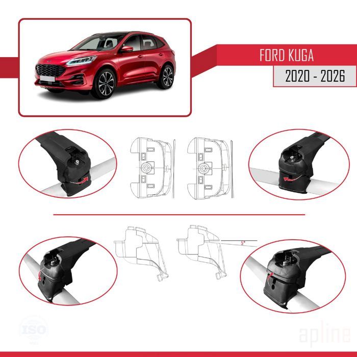 Barres De Toit ACE-1 Pour Ford Kuga (2008-2012) - 2 Barres Aluminium Gris, Porte-bagages Jusqu'à 75 Kg, Anti-vol, Facile à Monter