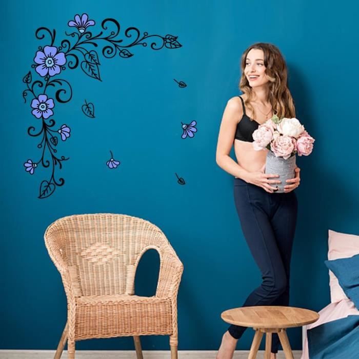 Stickers Muraux Fleurs Bleues Branches De Vigne Autocollants Muraux Feuilles Décoration Murale