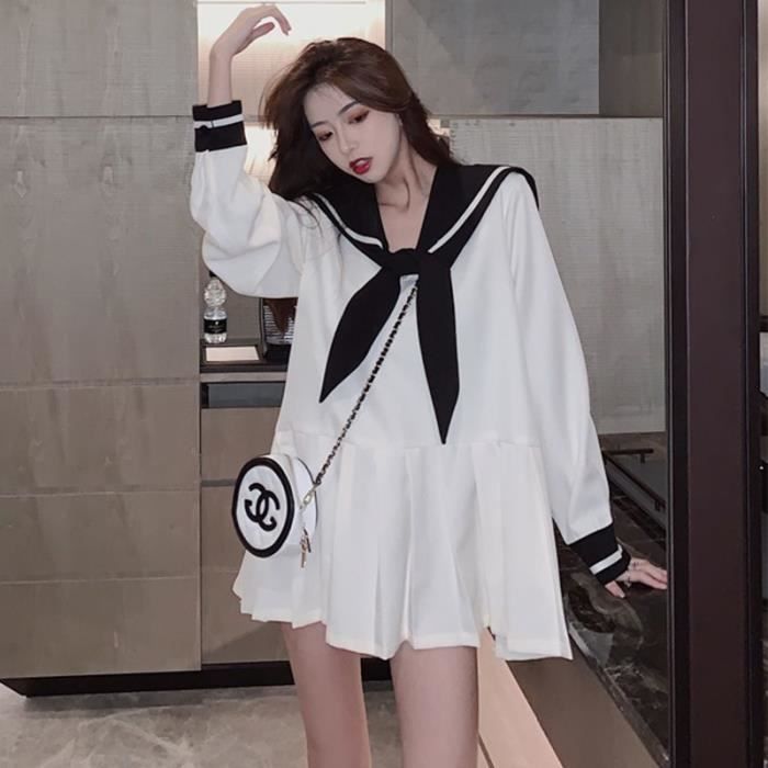 Robe Mini robe plissee a manches longues et col marin pour femme tenue Slim avec n ud Style japonais tendance Type black Blanc Cdiscount Pret a Porter