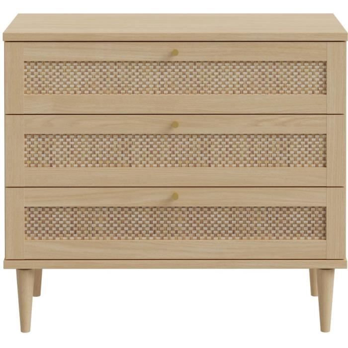 Commode - 3 tiroirs - Décor Chêne- Cannage - L90 4 x P41 4 x H80 cm - CALASETTA