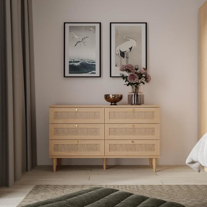 Commode de chambre - 6 tiroirs - Décor Chêne & Cannage -  L120 x P414 x H80 cm - CALASETTA